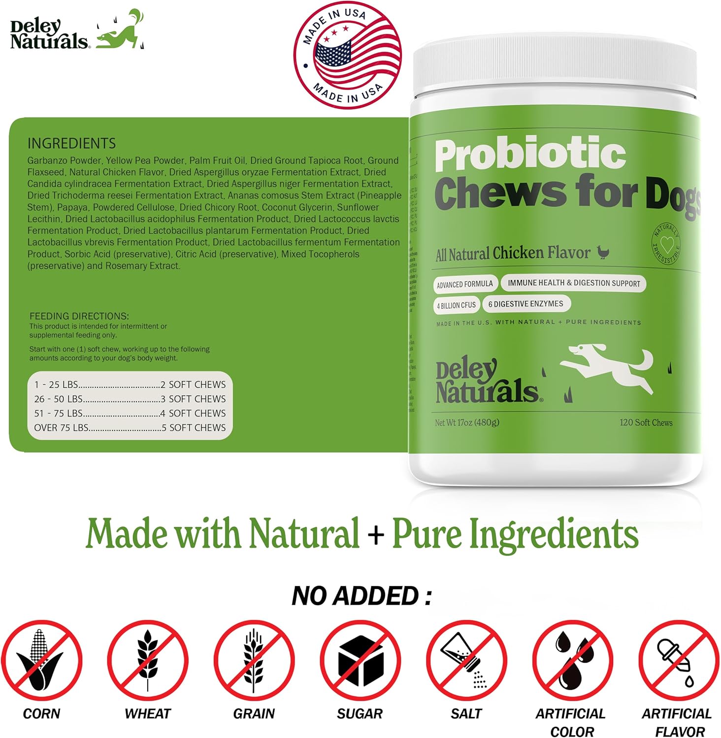 Deley Naturals Dog Probiotic Chews - 4 Billion CFU Probiotics for Dogs with Digestive Enzymes & Prebiotics - Grain Free Soft Chews for Gut Health & Digestive Support - 120 Chicken Chews Made in USA