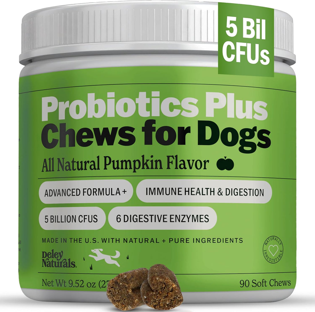 Deley Naturals Dog Probiotic Chews - 4 Billion CFU Probiotics for Dogs with Digestive Enzymes & Prebiotics - Grain Free Soft Chews for Gut Health & Digestive Support - 120 Chicken Chews Made in USA