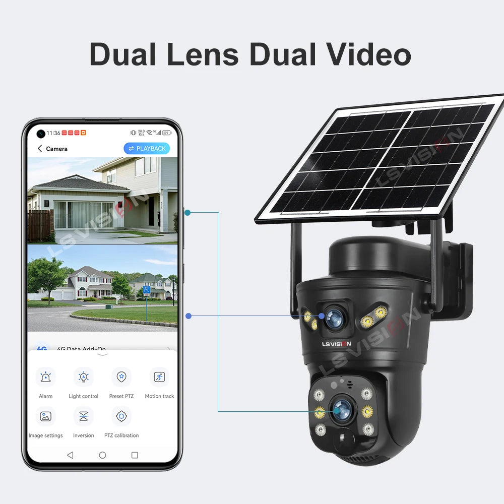 LS VISION 4G Solar Security Camera 8MP Dual Lens CCTV