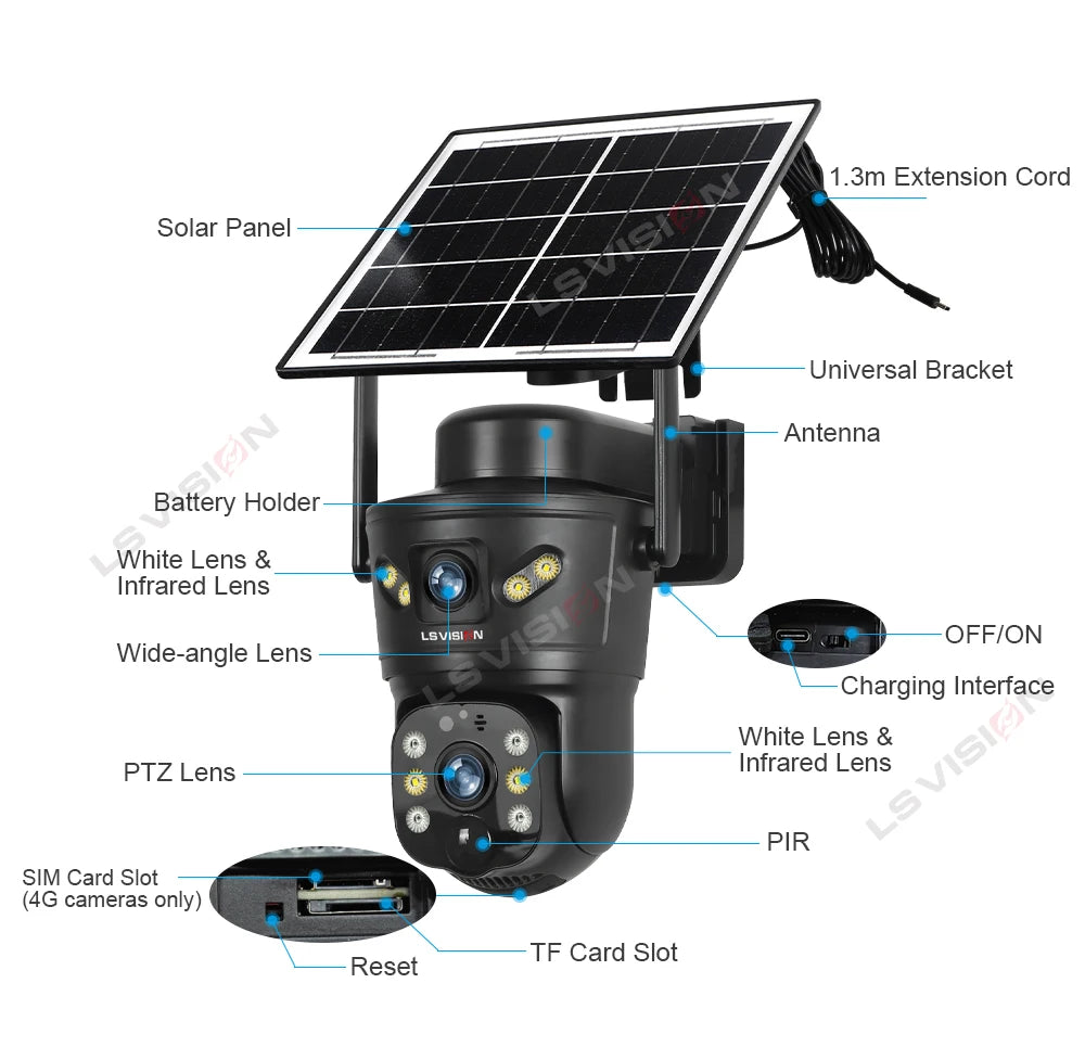 LS VISION 4G Solar Security Camera 8MP Dual Lens CCTV